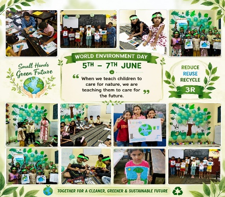 World Environment Day collage showing MKSS children drawing, recycling and celebrating nature